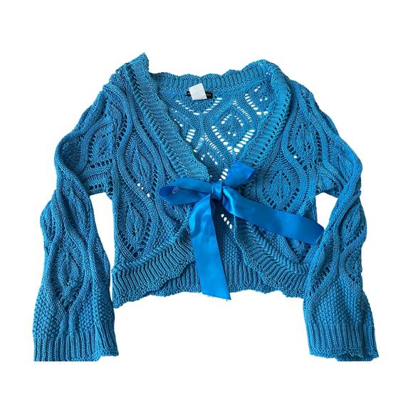 VTG Y2K American Attitudes sweater sz Med cropped flare sleeve crochet wrap blue - Picture 1 of 11